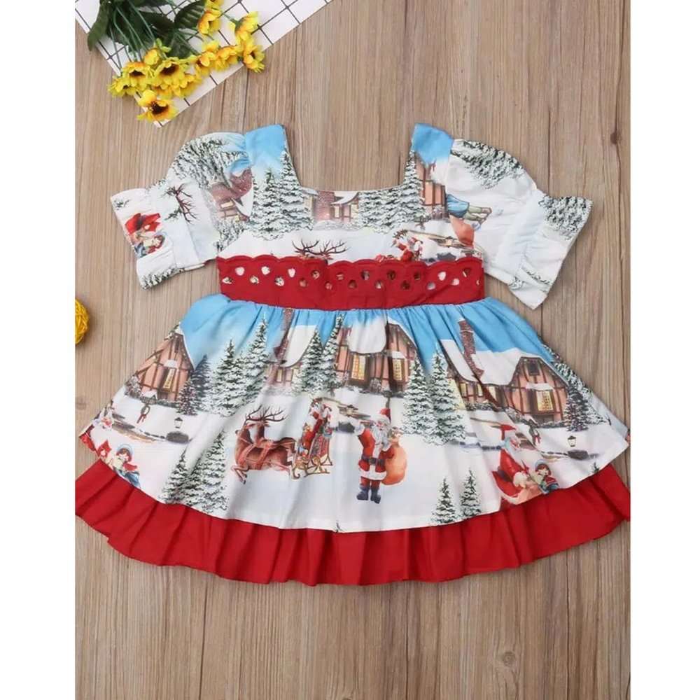 Christmas Vintage Inspired Print Santa Sleigh Reindeer Dress Sz 5-6 Years NWT🦋